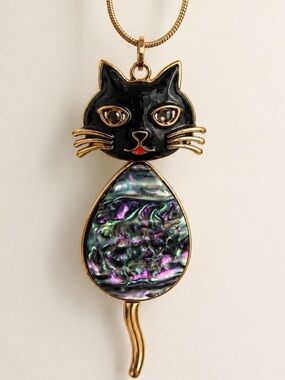 Natasha Couture Black Cat Pendant Necklace with Abalone Teardrop